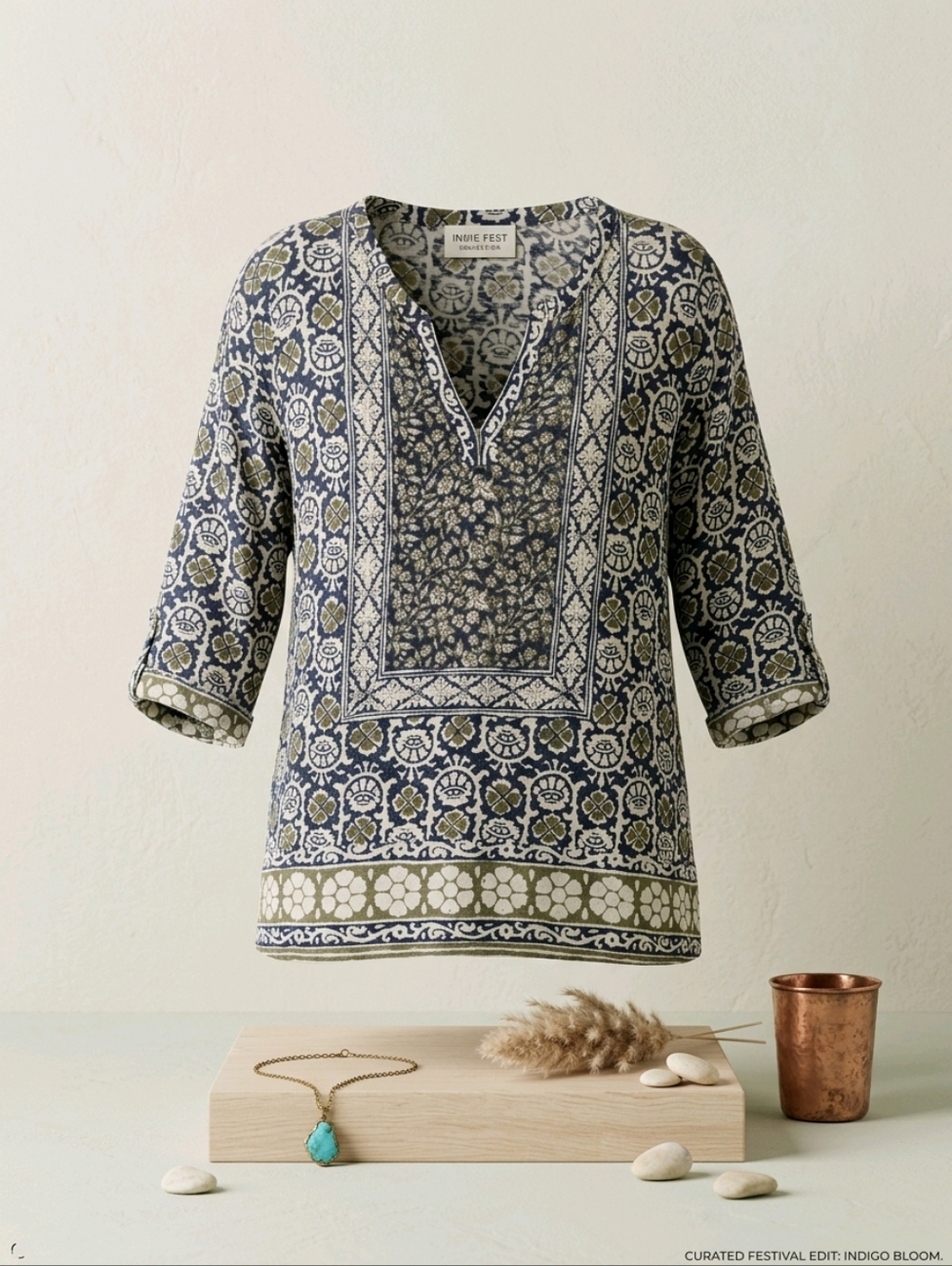 Lucky Brand Blue Green Floral V-Neck Printed Women's Tunic Tee Blouse Size 2X